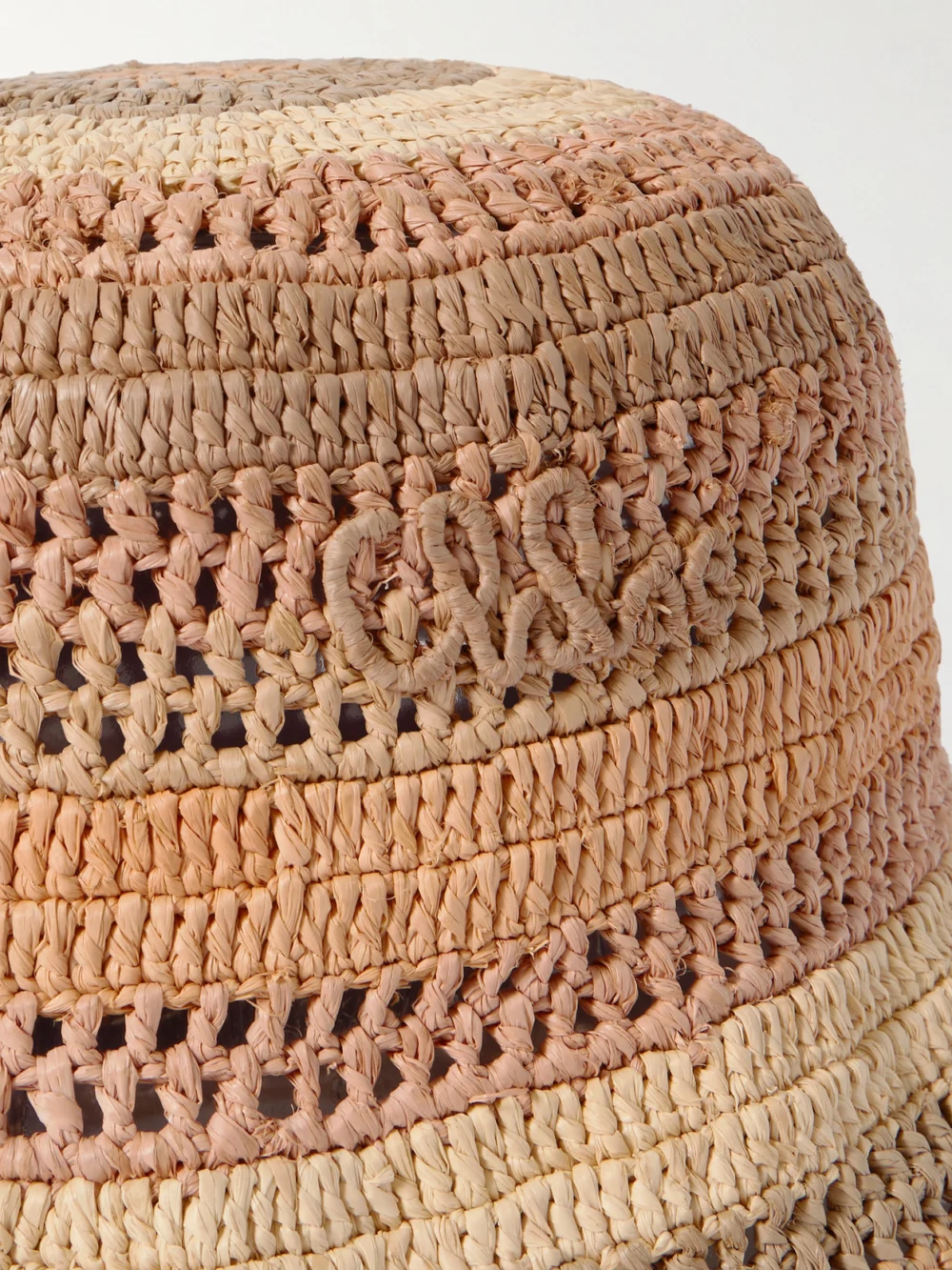Close-up detail of the Chloé Sunset Embroidered Striped Raffia Hat