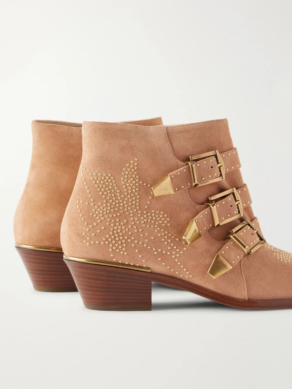 Close-up detail of the Chloé Susan Embellished Suede Ankle Boots
