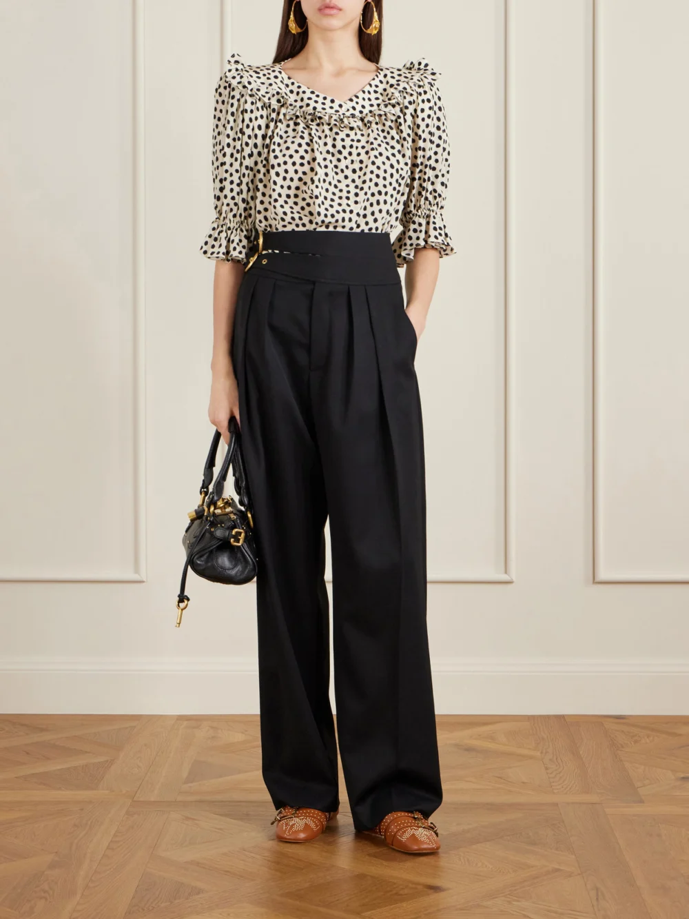 Chloé Susan Studded Buckled Leather Flats, styled view