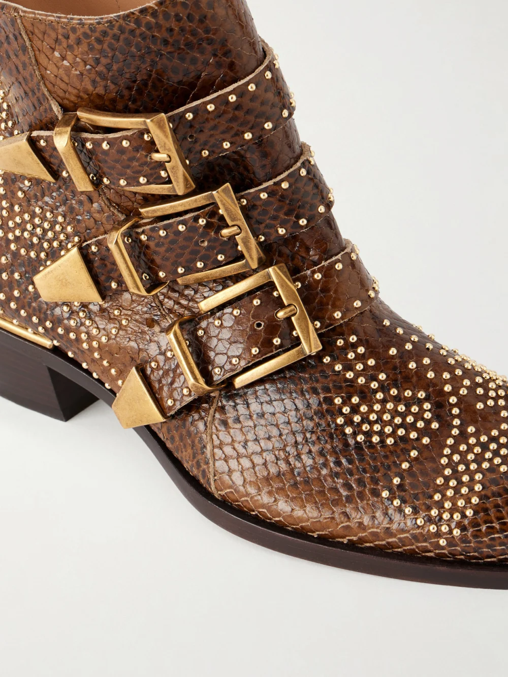 Close-up detail of the Chloé Susan Studded Leather Ankle Boots