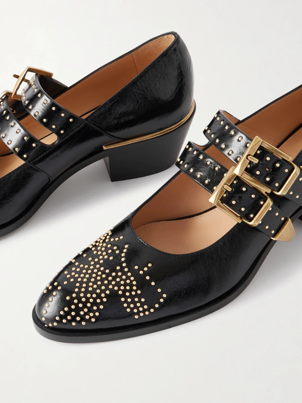 Close-up detail of the Chloé Susanna Studded Leather Mary Jane Pumps