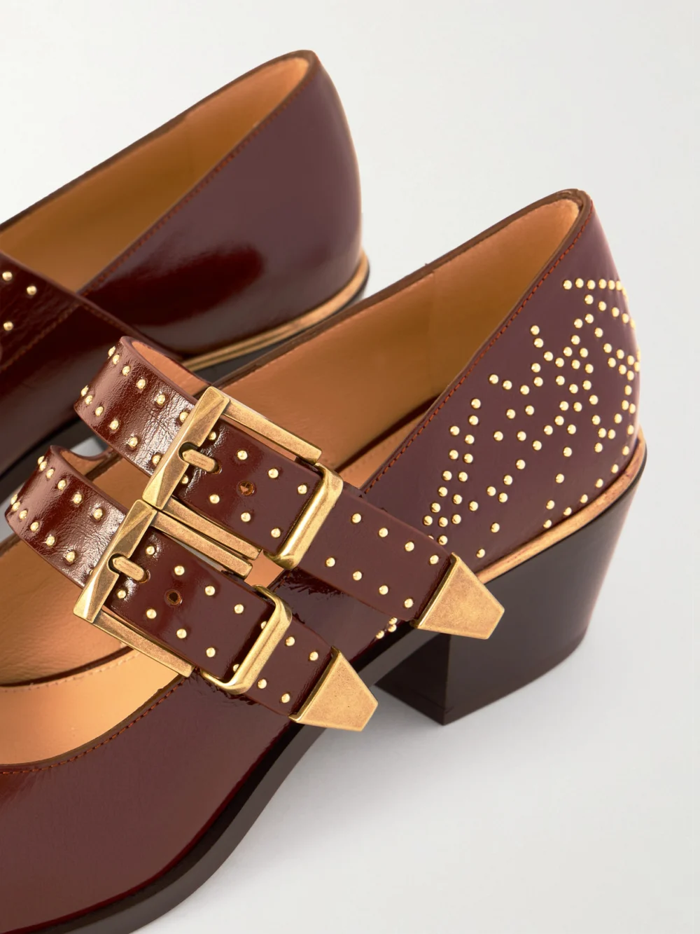 Close-up detail of the Chloé Susanna Studded Leather Mary Jane Pumps