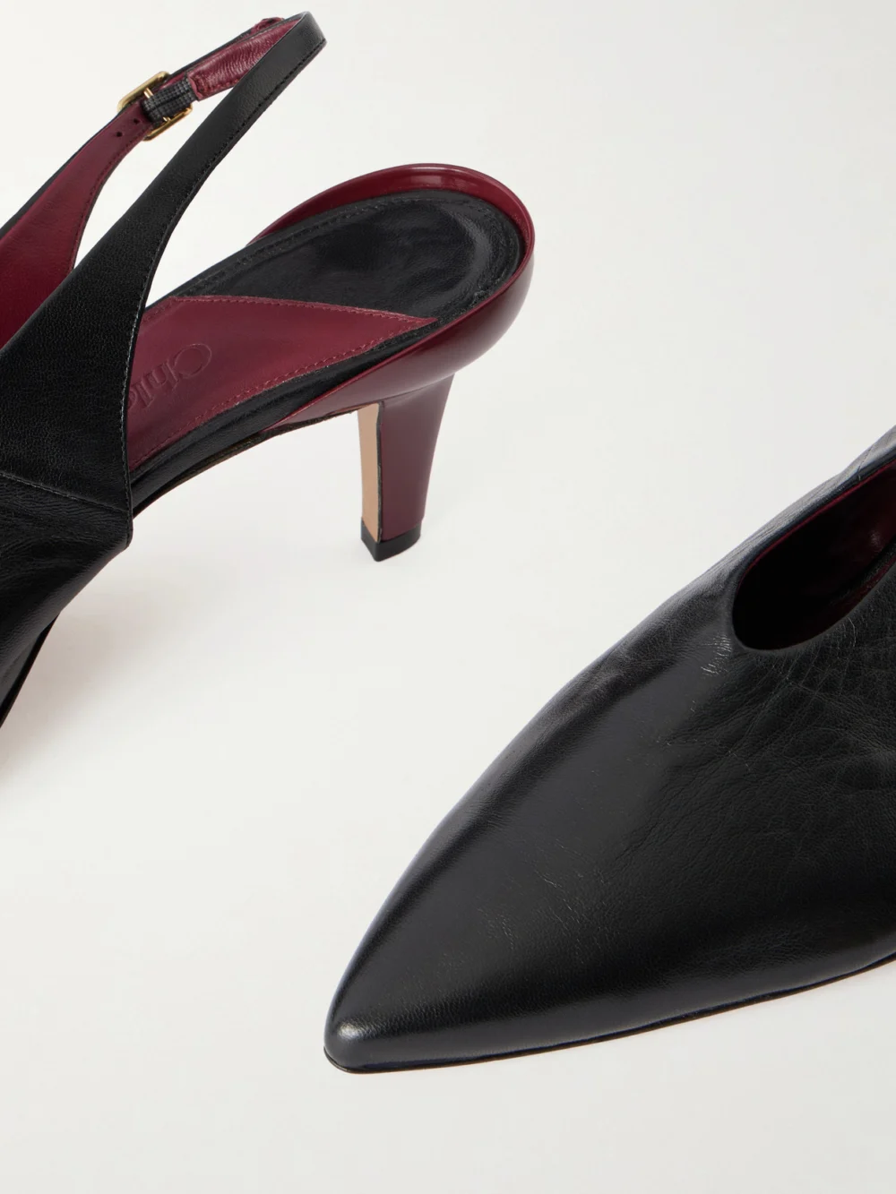 Close-up detail of the Chloé Suzie Leather Slingback Pumps