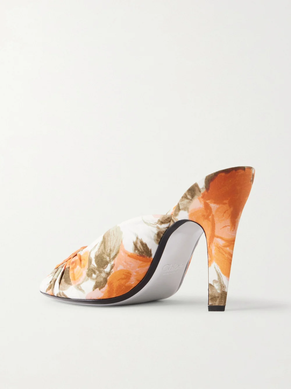 Back view of the Chloé Suzie Ruched Floral-print Satin Sandals