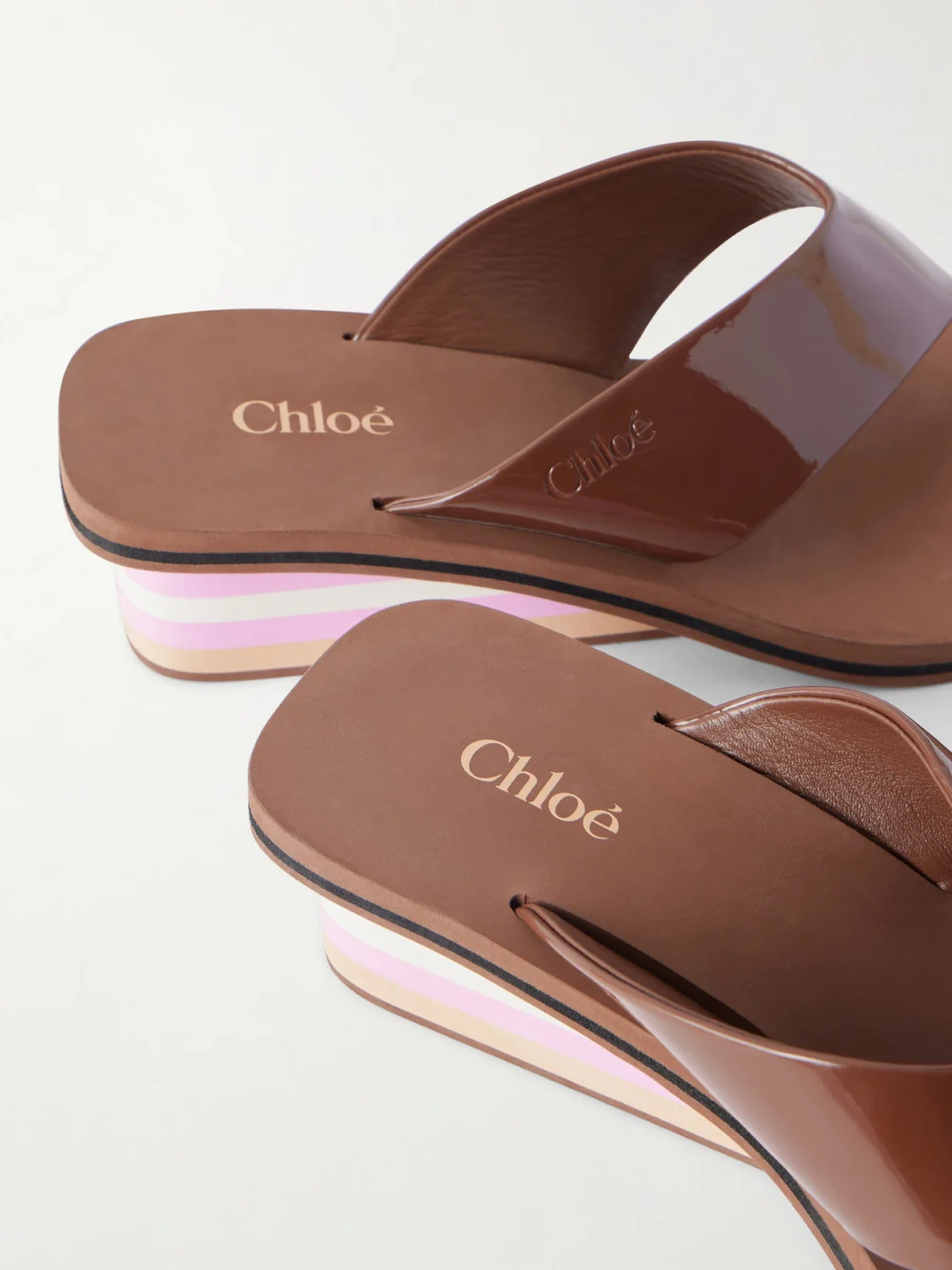 Close-up detail of the Chloé Swimming Cool Patent-leather Sandals
