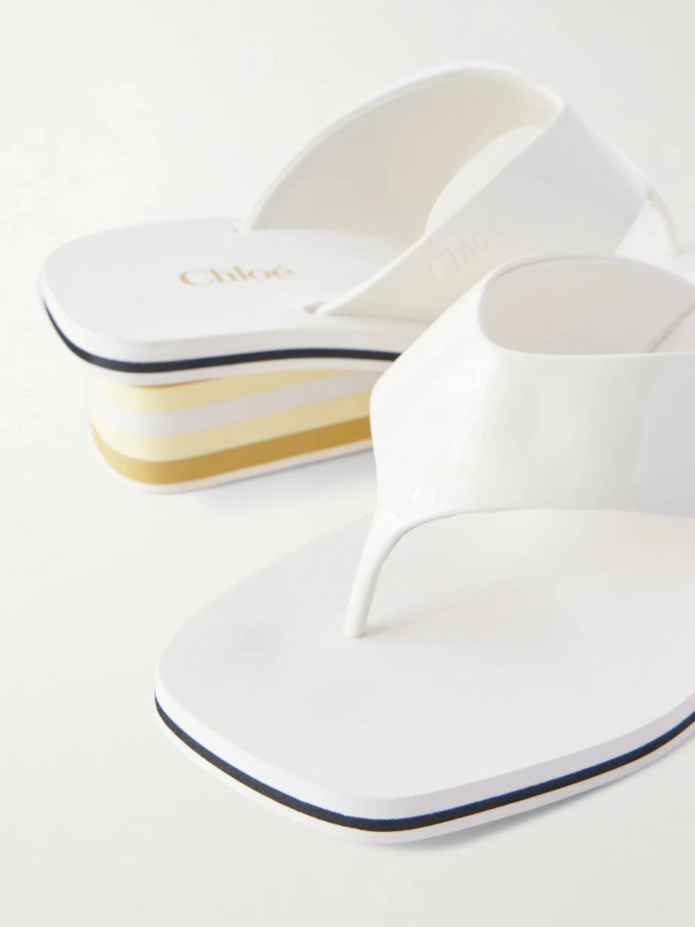 Close-up detail of the Chloé Swimming Cool Patent-leather Sandals