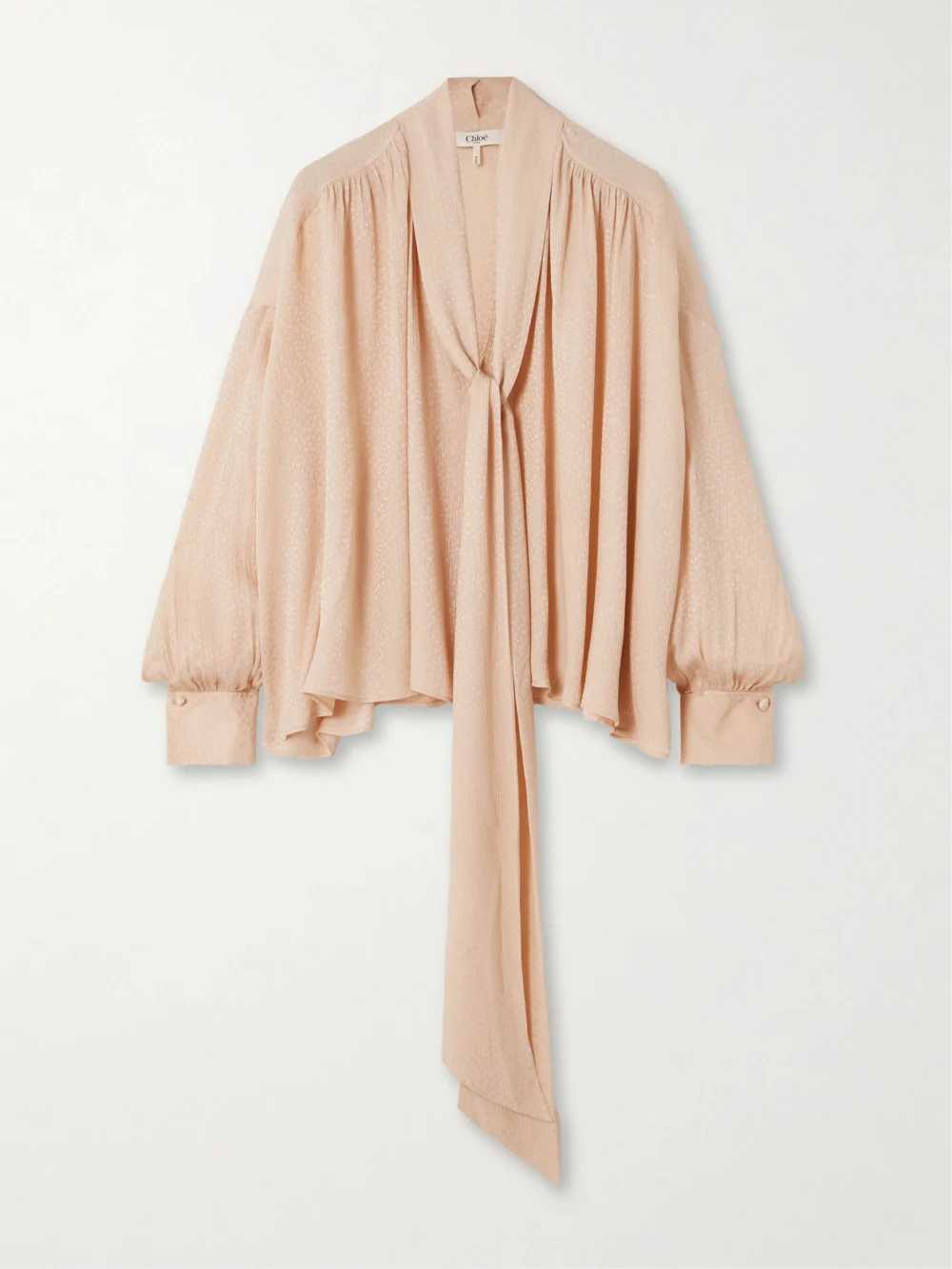 Chloé Tie-detailed Gathered Silk-blend Jacquard Blouse in pink