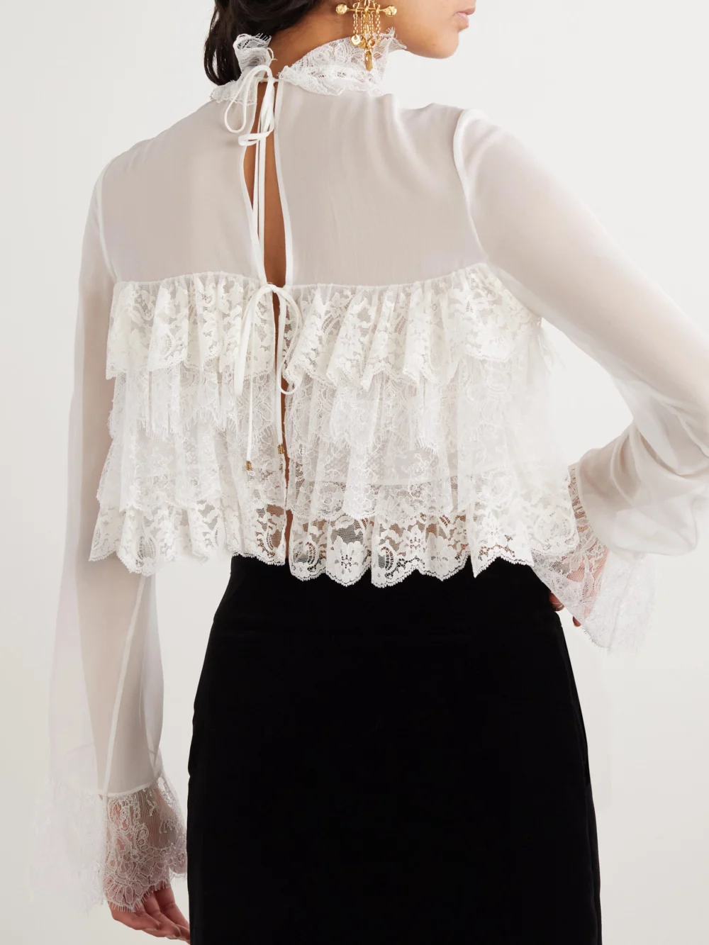 Back view of the Chloé Tiered Lace-trimmed Silk-chiffon Blouse
