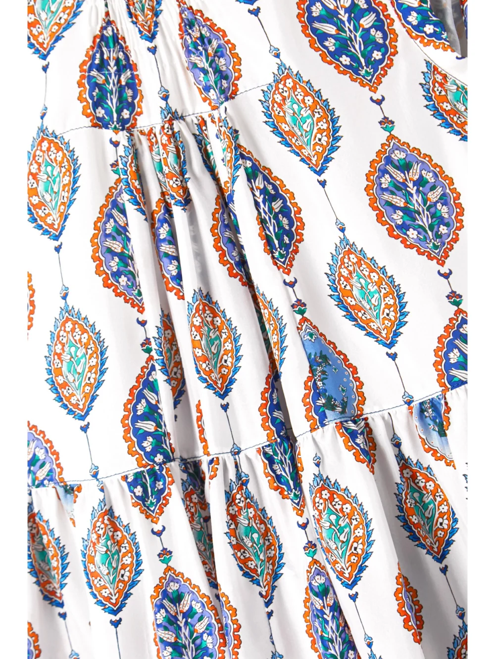 Close-up detail of the Chloé Tiered Printed Silk Crepe De Chine Mini Dress