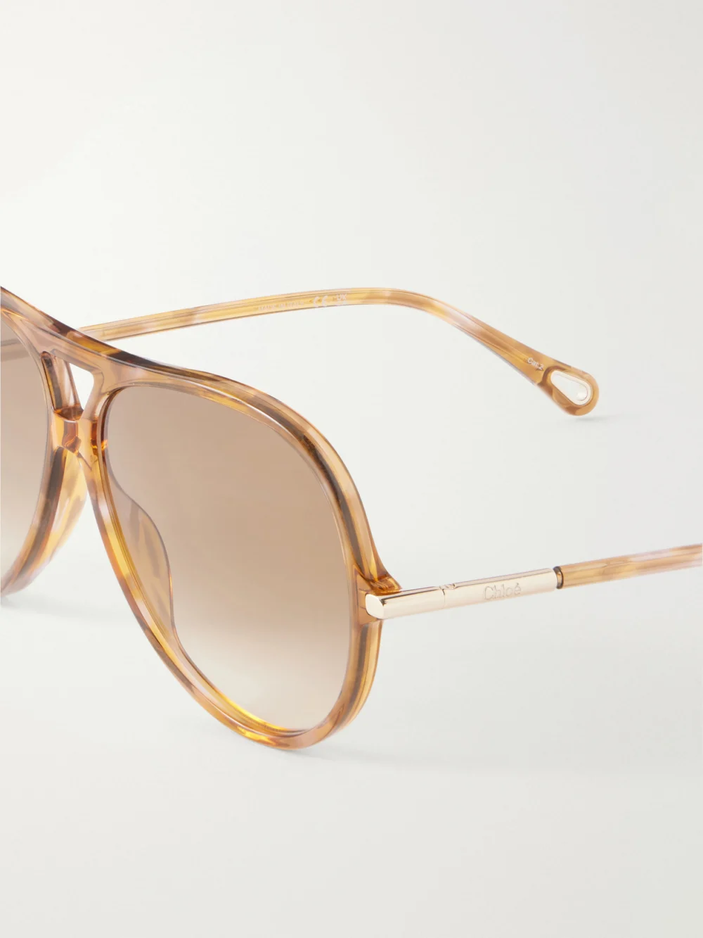 Close-up detail of the Chloé Tubolar Aviator-style Recycled Tortoiseshell Acetate Sunglasses