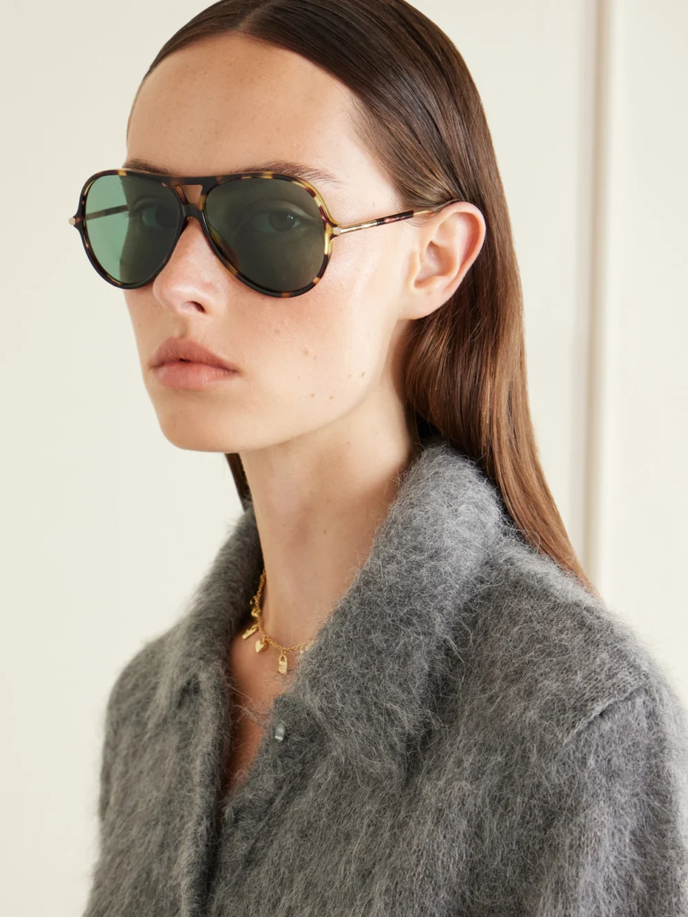 Chloé Tubolar Aviator-style Recycled Tortoiseshell Acetate Sunglasses, styled view
