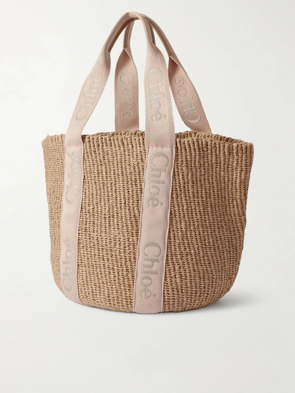 Back view of the Chloé Woody Large Leather-trimmed Raffia Tote