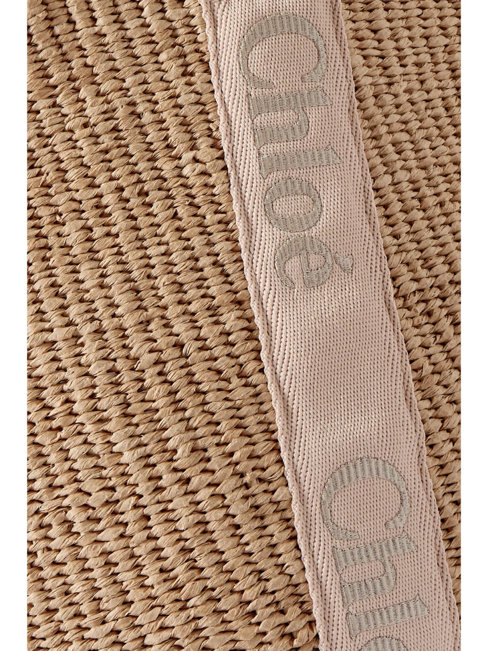 Close-up detail of the Chloé Woody Large Leather-trimmed Raffia Tote
