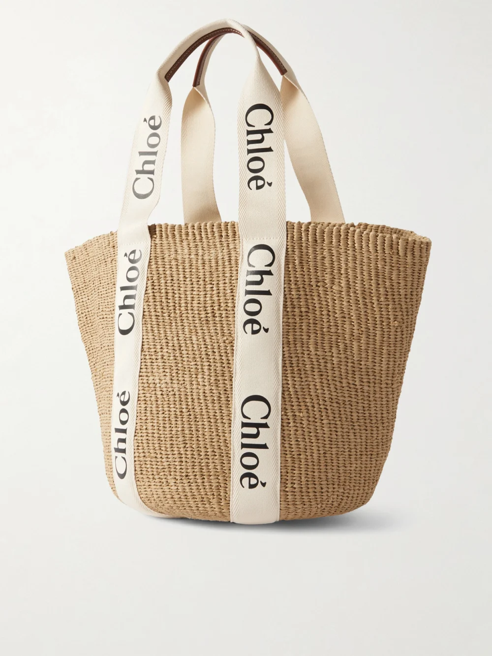 Back view of the Chloé Woody Large Leather-trimmed Raffia Tote