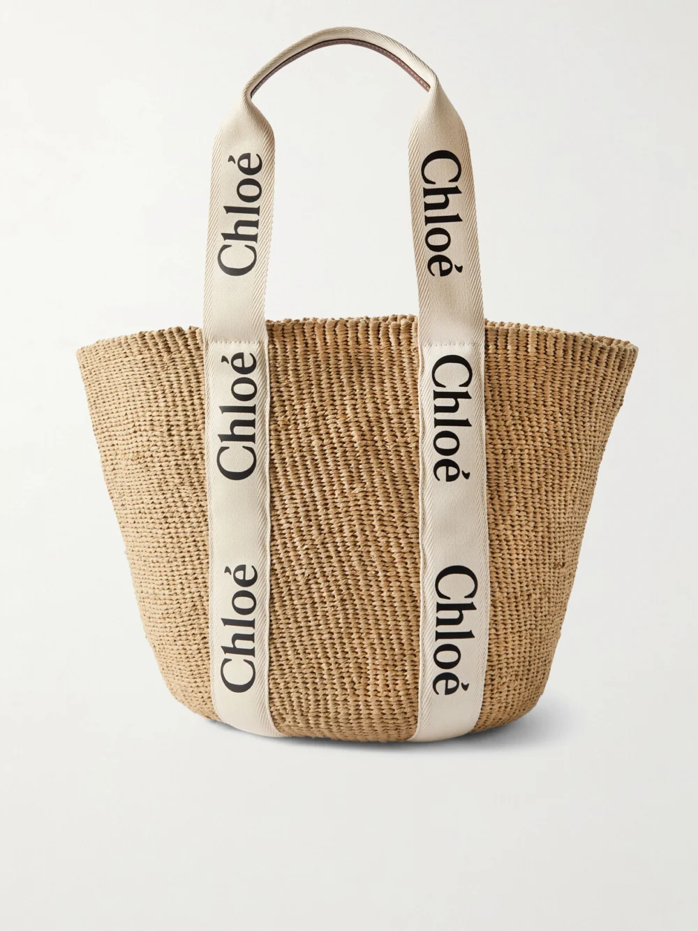 Chloé Woody Large Leather-trimmed Raffia Tote in white
