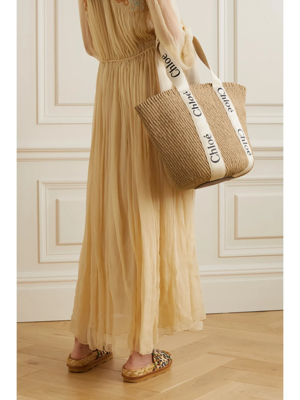 Chloé Woody Large Leather-trimmed Raffia Tote, styled view
