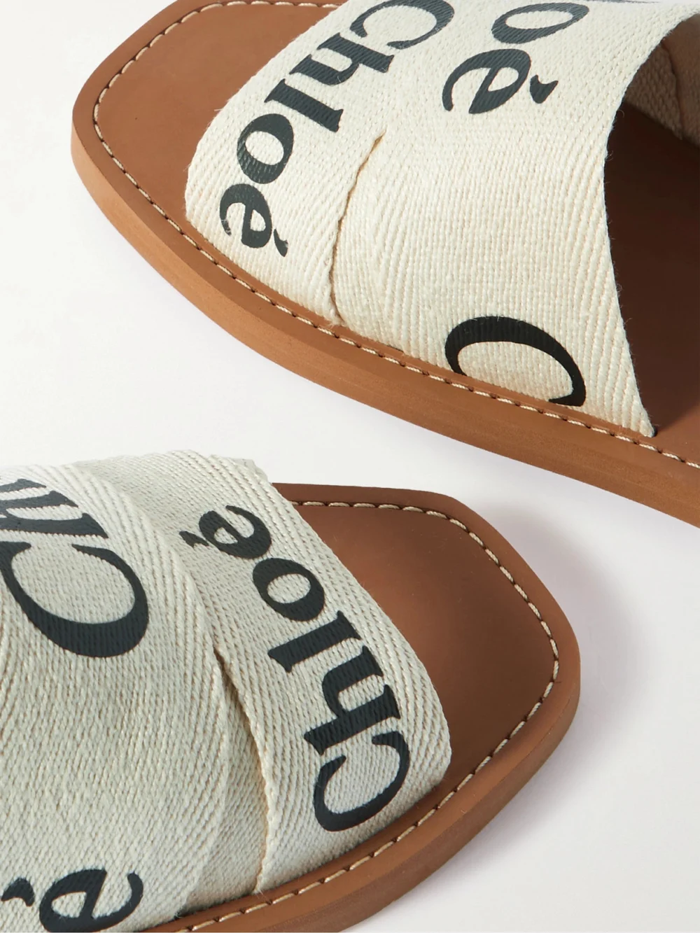 Close-up detail of the Chloé Woody Logo-print Canvas Slides