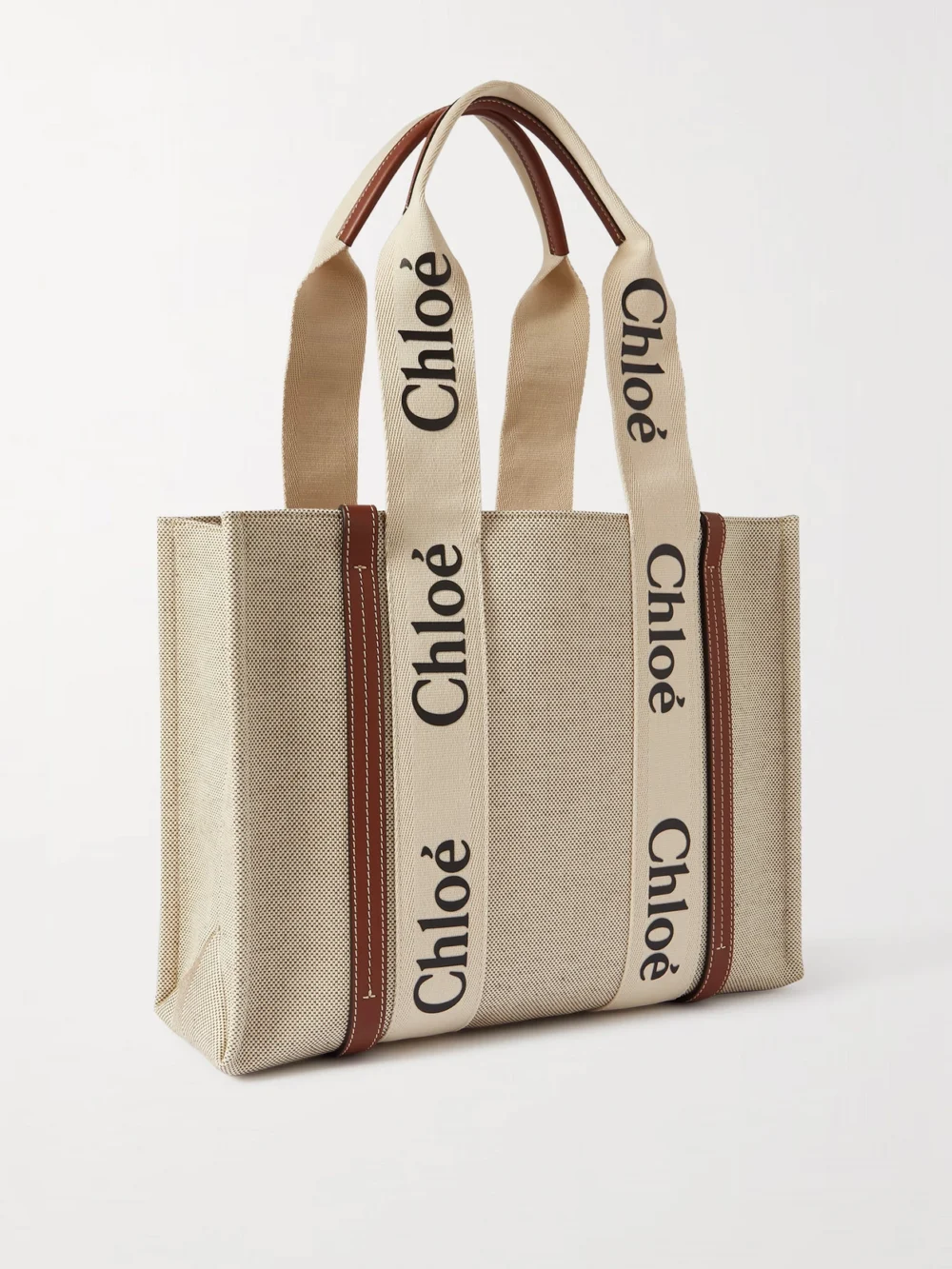 Back view of the Chloé Woody Medium Leather and Webbing-trimmed Linen Tote