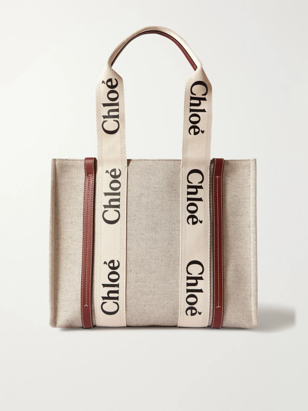 Chloé Woody Medium Leather and Webbing-trimmed Linen Tote in brown