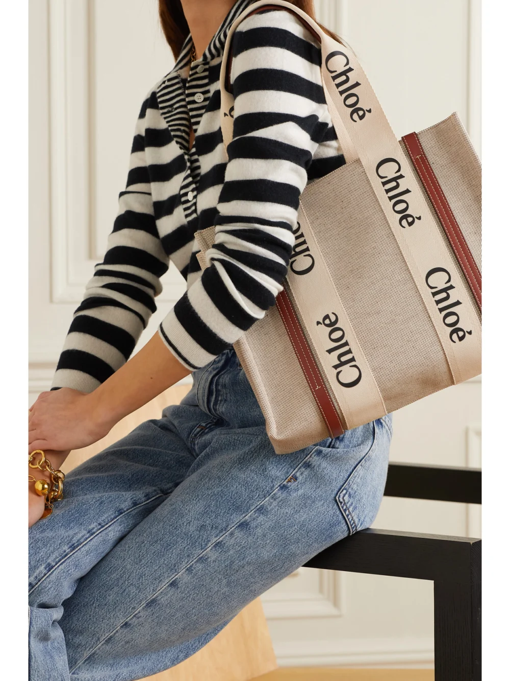 Chloé Woody Medium Leather and Webbing-trimmed Linen Tote, styled view