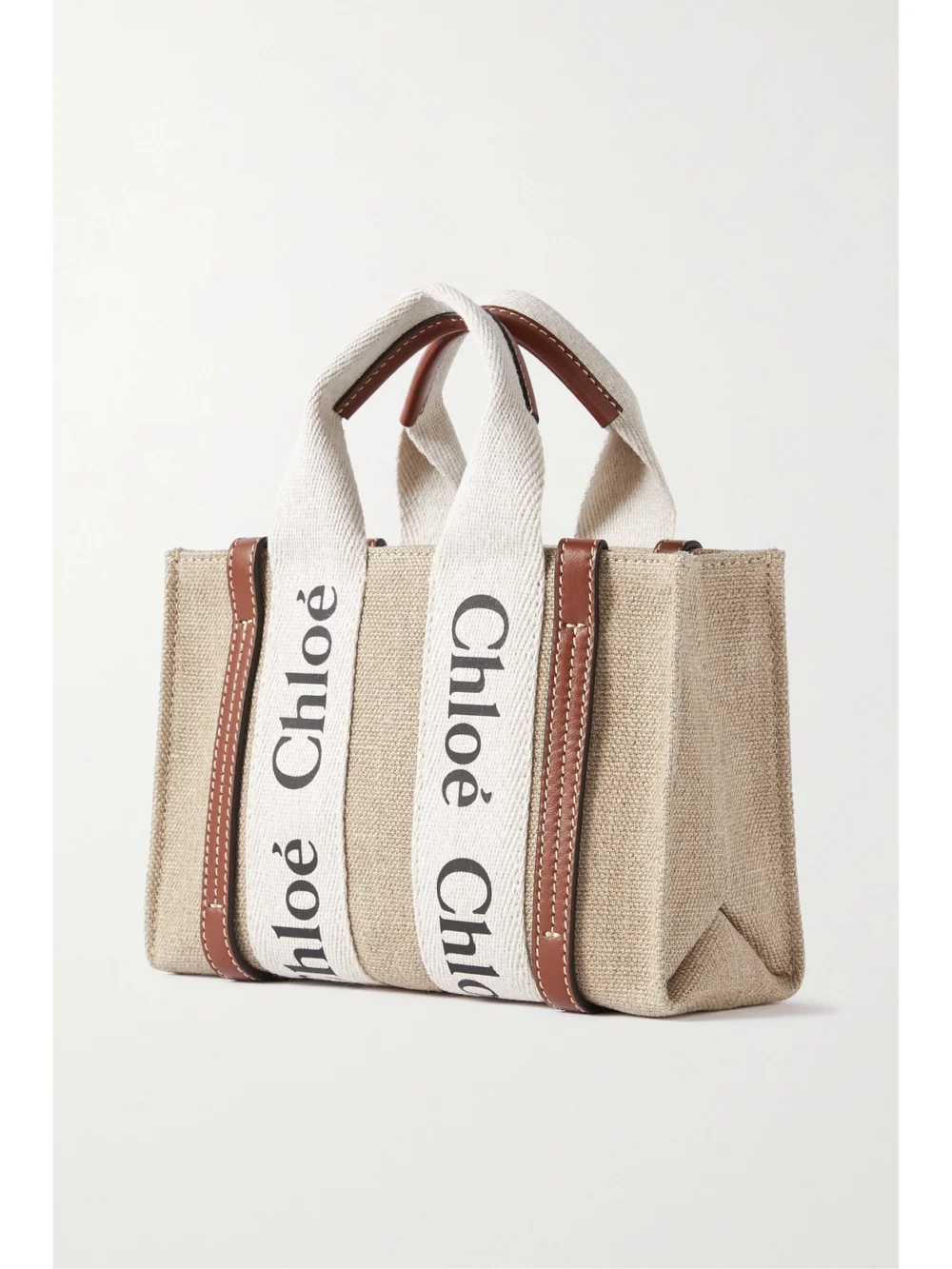 Back view of the Chloé Woody Mini Leather-trimmed Linen Tote