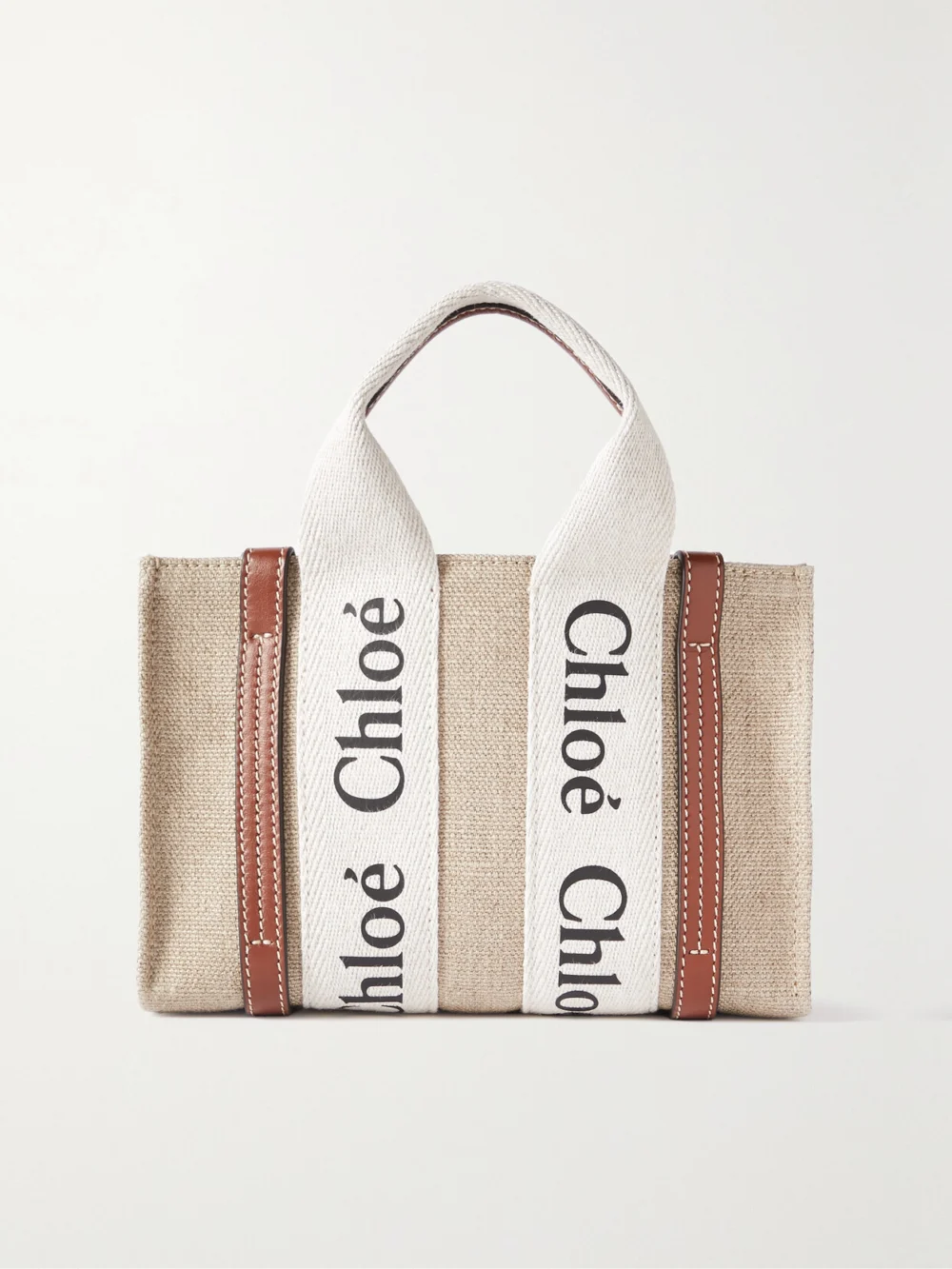 Chloé Woody Mini Leather-trimmed Linen Tote in brown