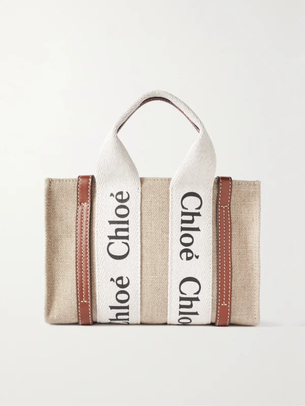 Chloé Woody Mini Leather-trimmed Linen Tote