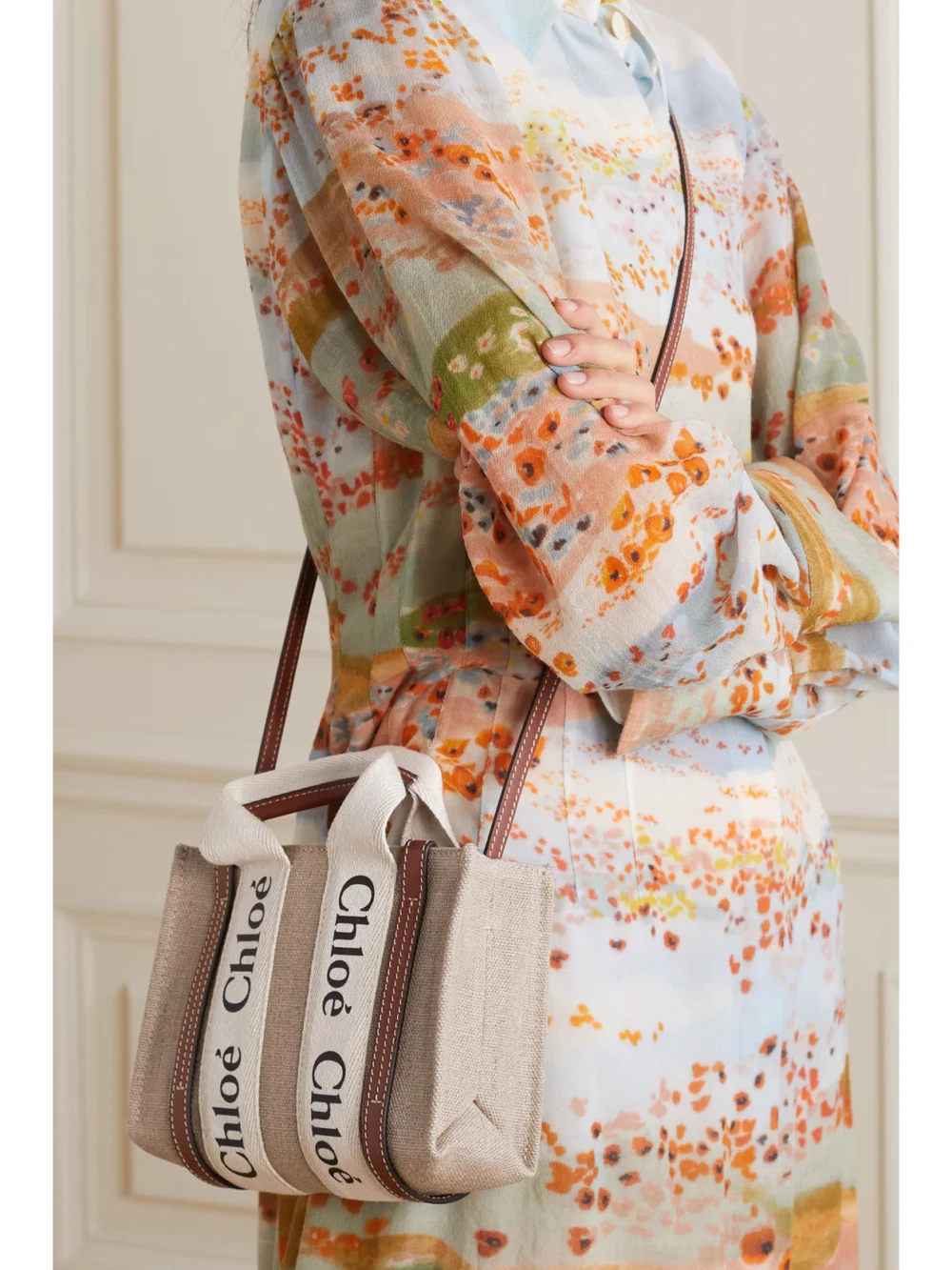 Chloé Woody Mini Leather-trimmed Linen Tote, styled view