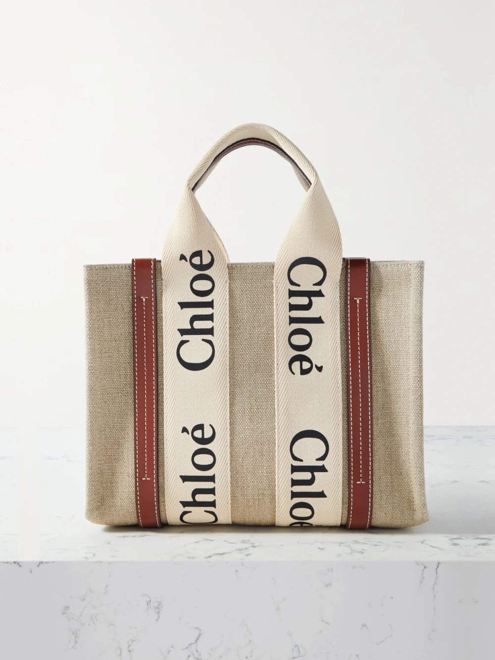 Chloé Woody Small Embroidered Leather-trimmed Linen Tote in brown