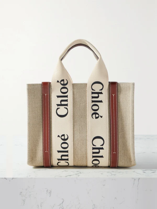 Chloé Woody Small Embroidered Leather-trimmed Linen Tote