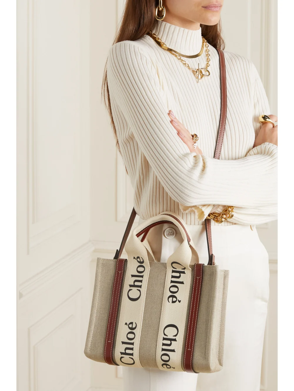 Chloé Woody Small Embroidered Leather-trimmed Linen Tote, styled view