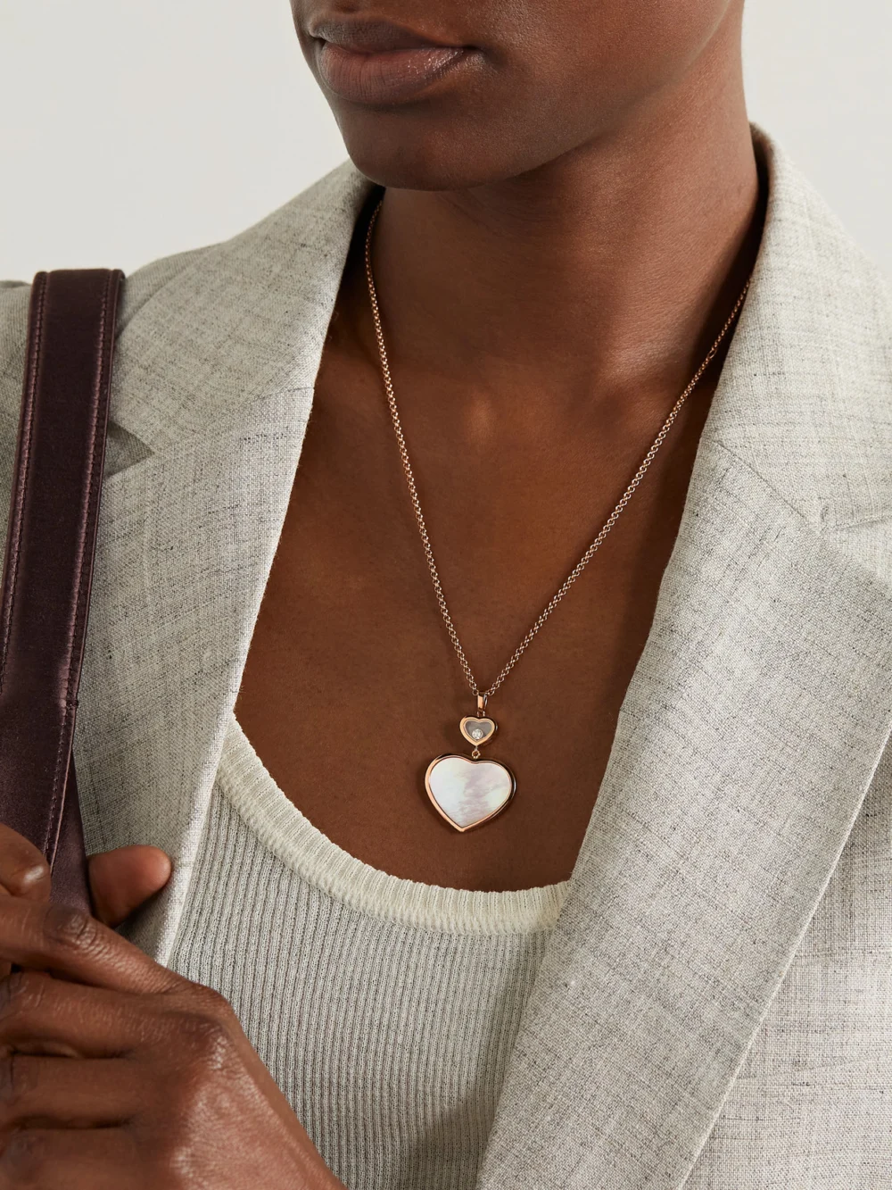 Chopard Happy Hearts 18-karat Rose Gold, Mother-of-pearl and Diamond Necklace, styled view