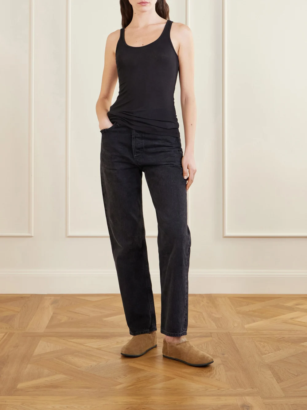 Christen Big Bootie Shearling-lined Suede Slippers, styled view