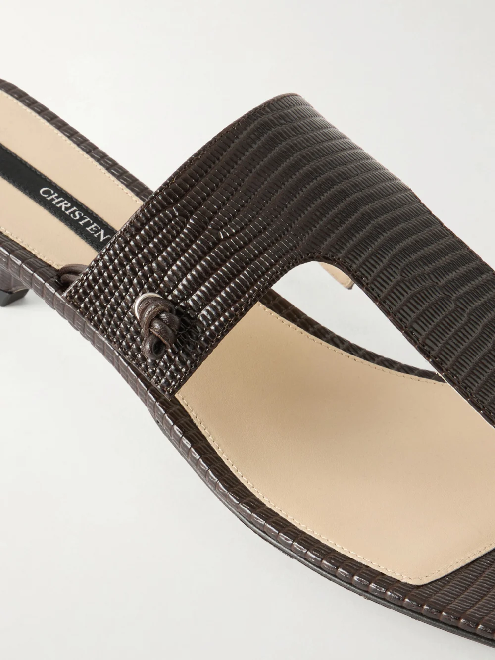 Close-up detail of the Christen Edge T-strap 35 Lizard-effect Leather Sandals
