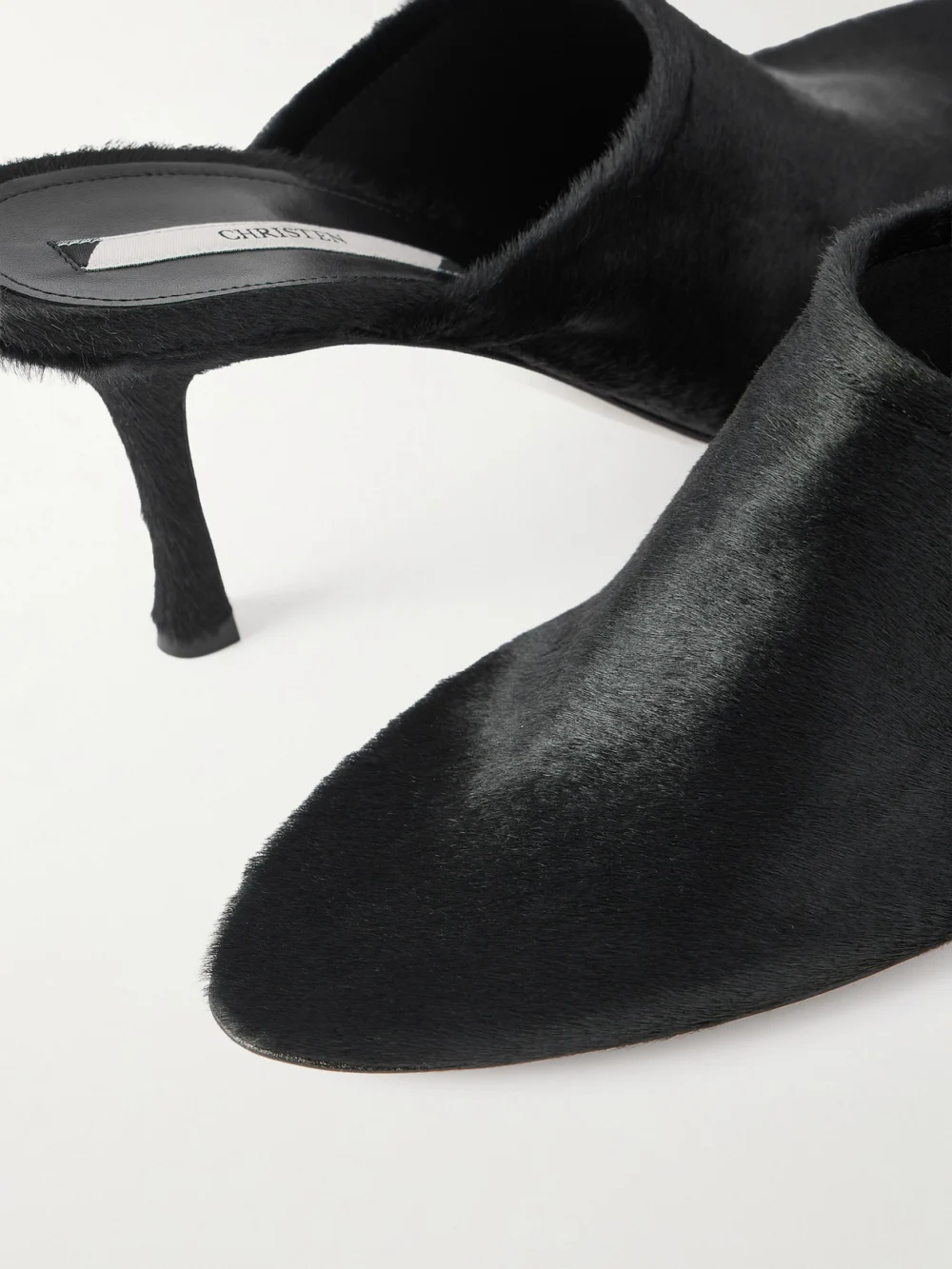 Close-up detail of the Christen Elipse 75 Calf Hair Mules