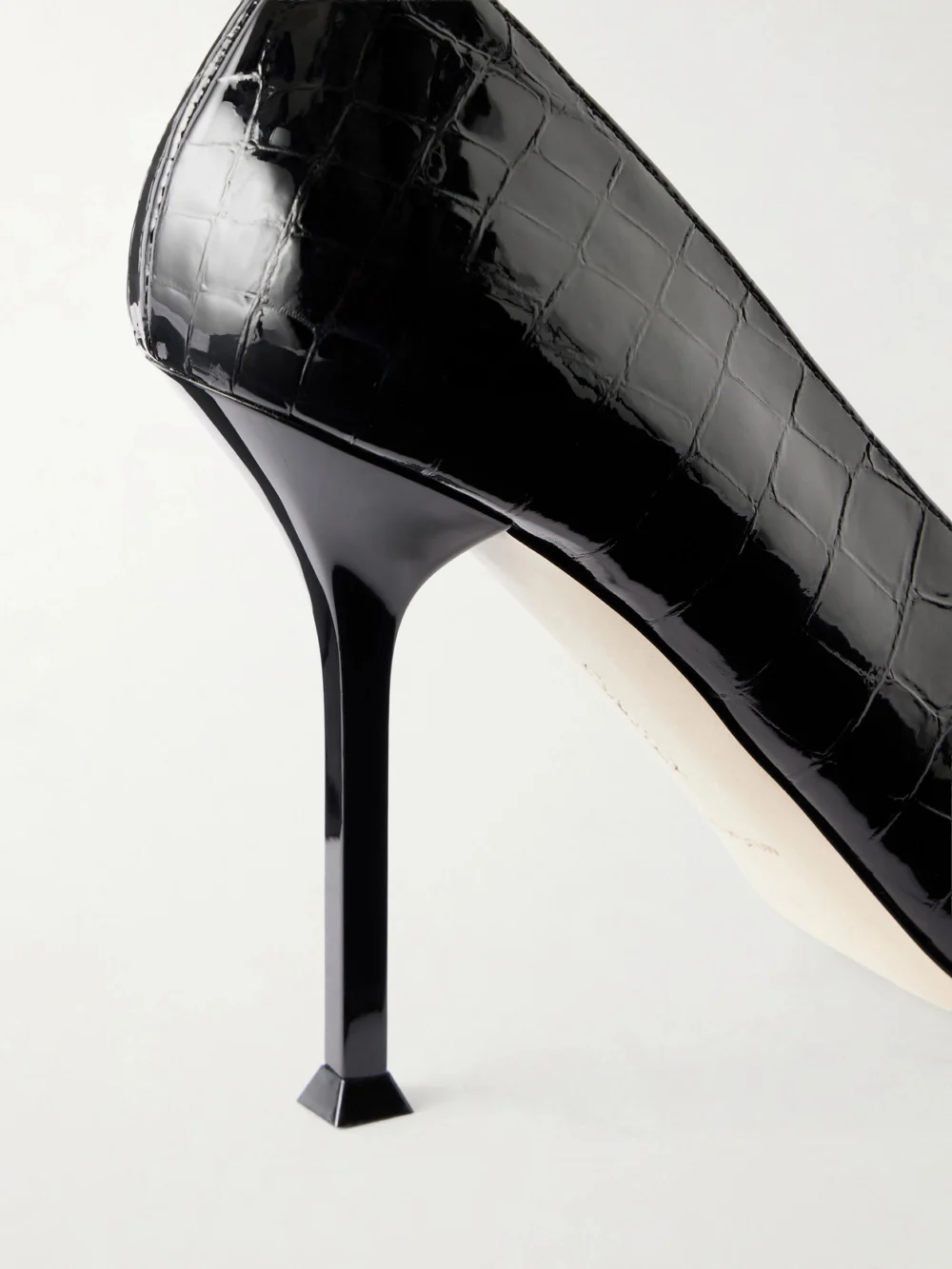 Close-up detail of the Christen Helix 95 Croc-effect Patent Leather Pumps