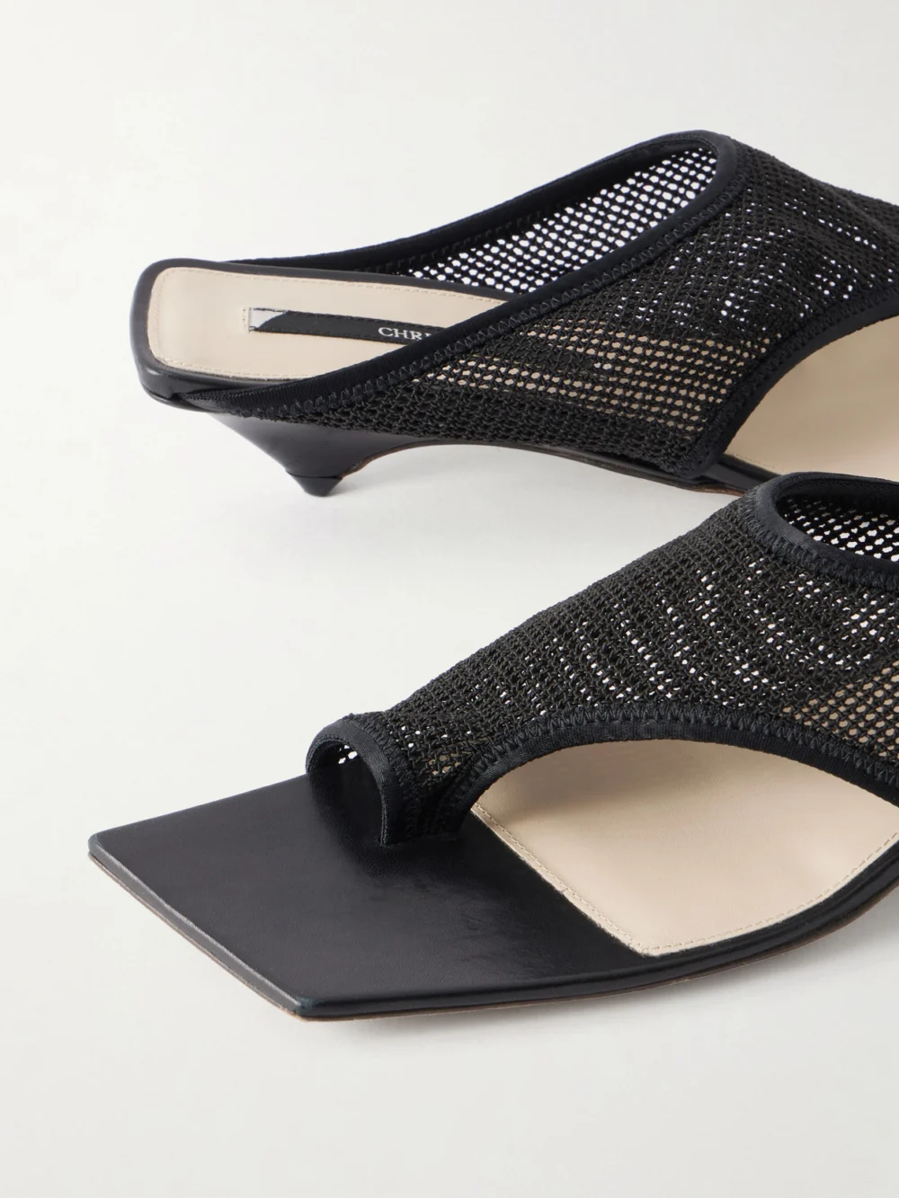 Close-up detail of the Christen Leather-trimmed 35 Mesh Sandals