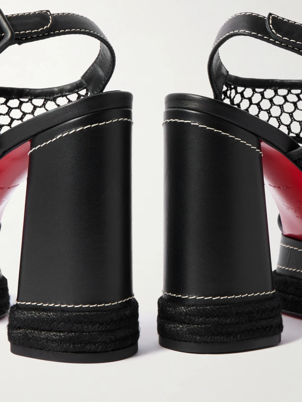 Close-up detail of the Christian Louboutin Almeja 130 Mesh and Leather Platform Sandals