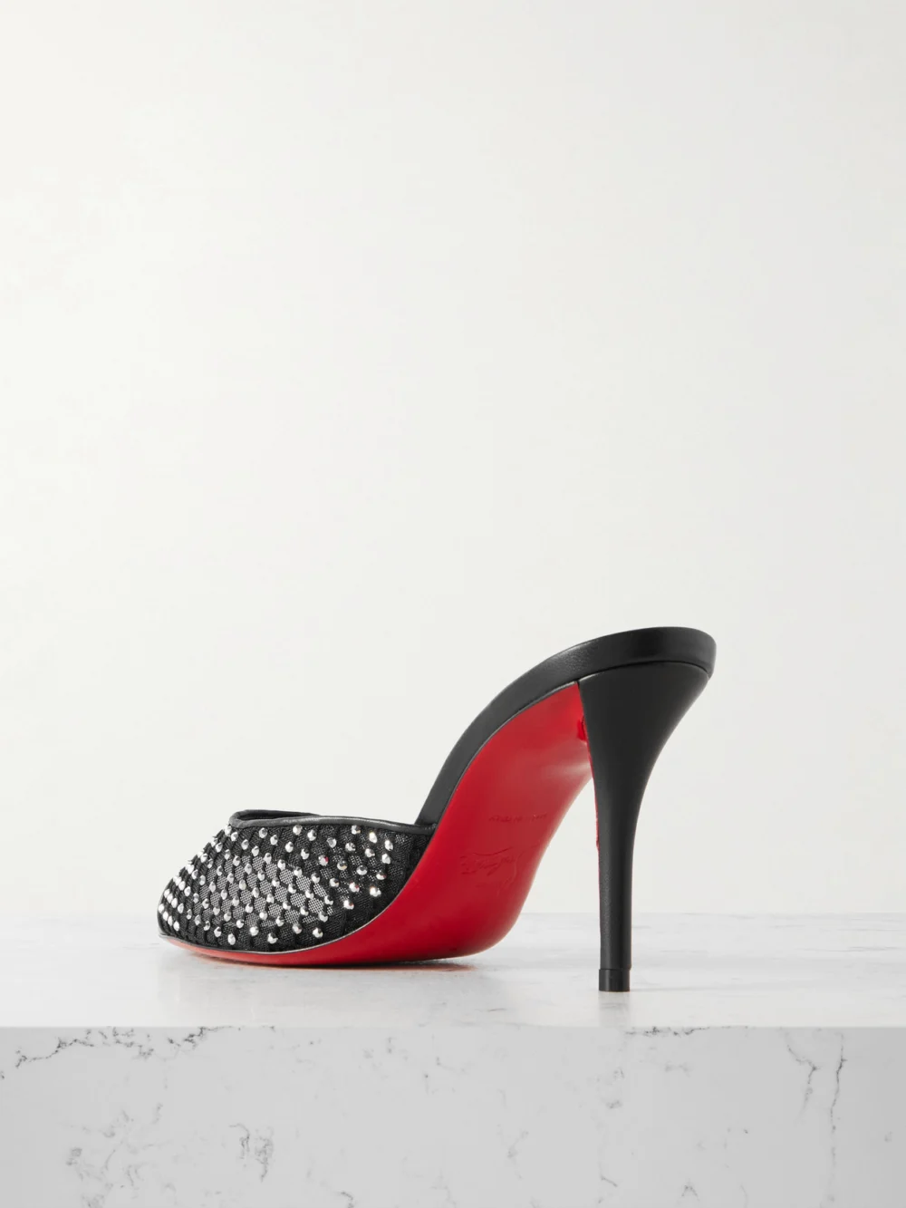 Back view of the Christian Louboutin Apostropha 80 Crystal-embellished Leather-trimmed Mesh Mules