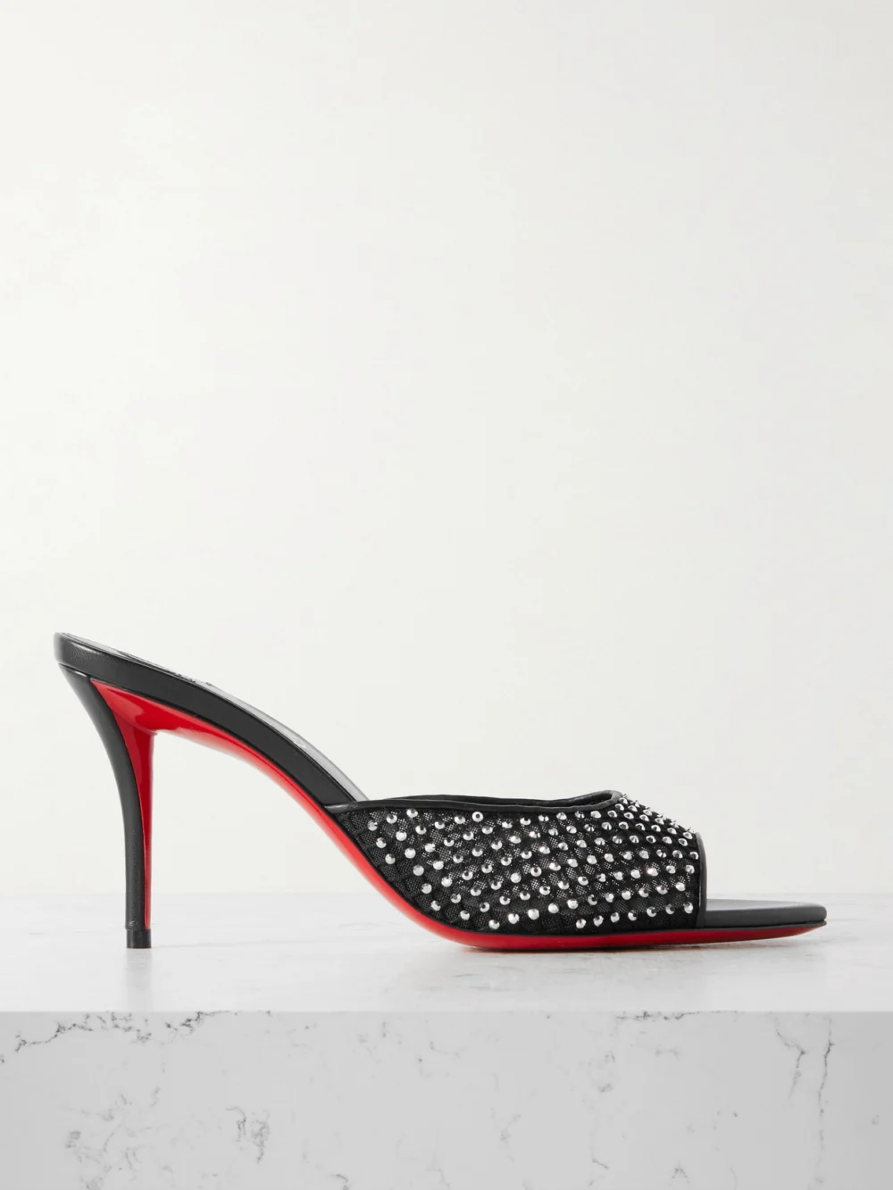 Christian Louboutin Apostropha 80 Crystal-embellished Leather-trimmed Mesh Mules in black