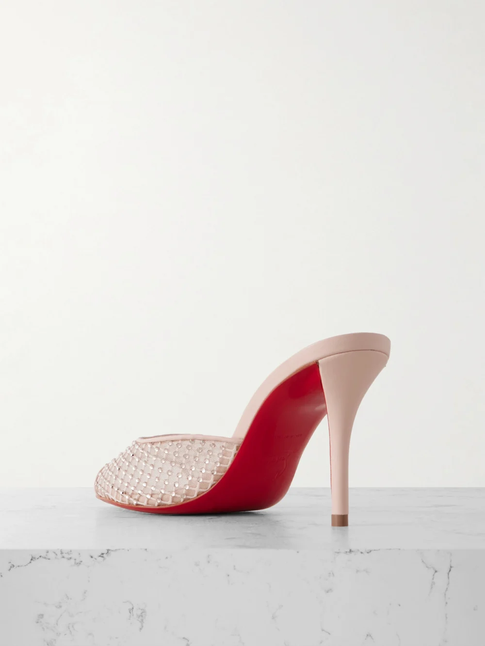 Back view of the Christian Louboutin Apostropha 80 Crystal-embellished Leather-trimmed Mesh Mules