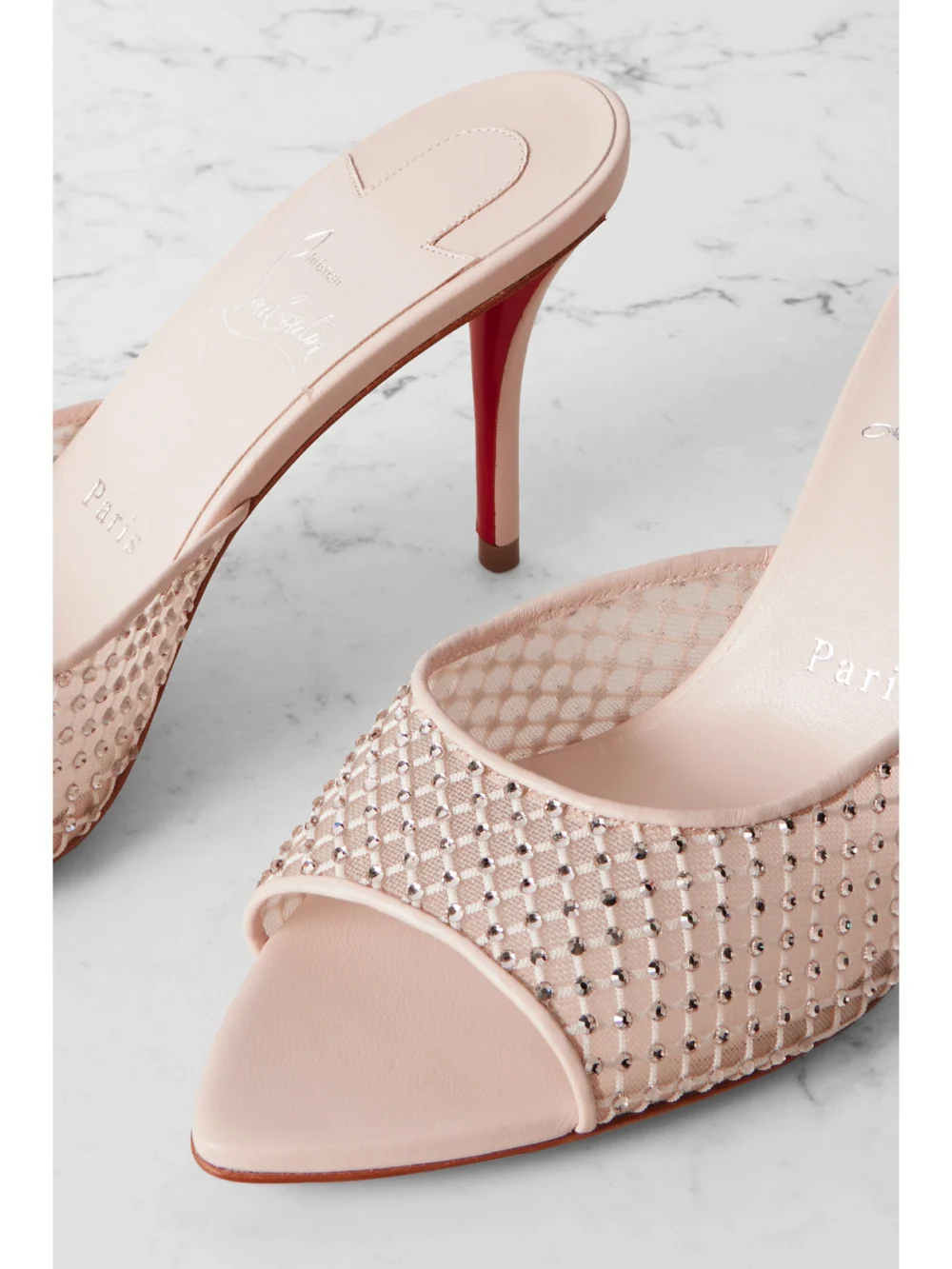 Close-up detail of the Christian Louboutin Apostropha 80 Crystal-embellished Leather-trimmed Mesh Mules