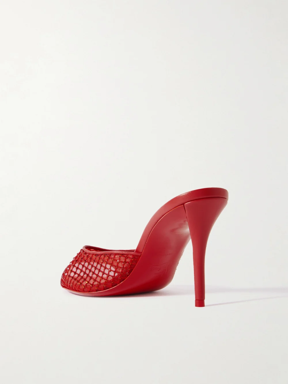 Back view of the Christian Louboutin Apostropha 80 Crystal-embellished Leather-trimmed Mesh Mules