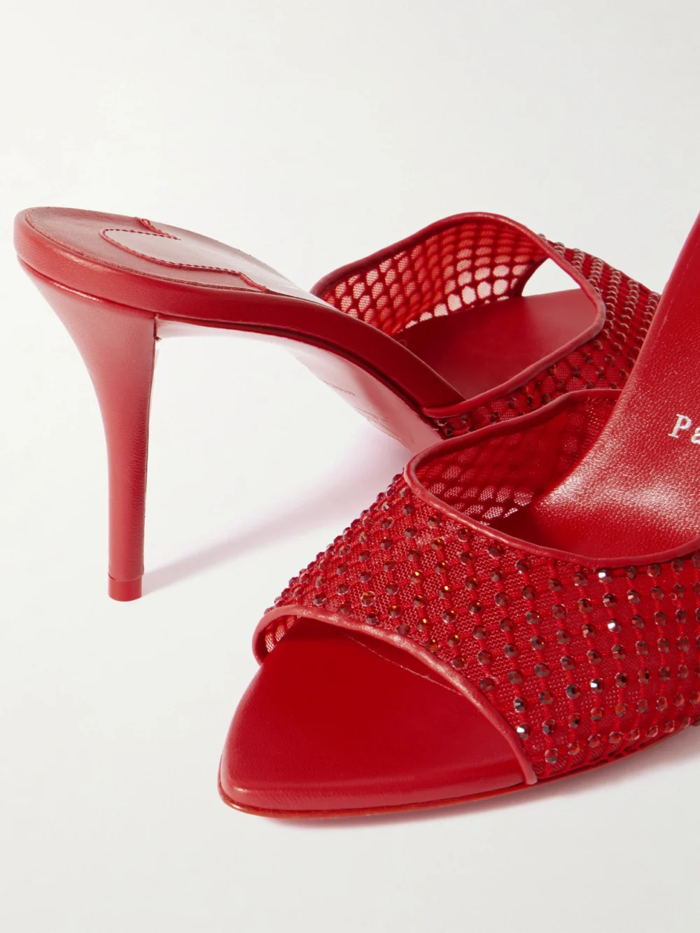 Close-up detail of the Christian Louboutin Apostropha 80 Crystal-embellished Leather-trimmed Mesh Mules