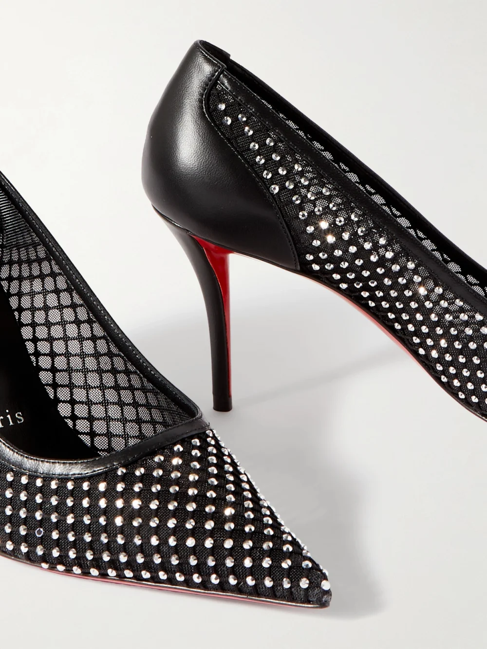 Close-up detail of the Christian Louboutin Apostropha 80 Crystal-embellished Mesh Pumps