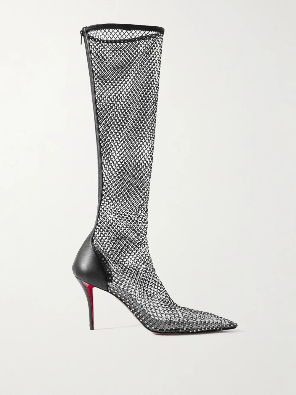 Christian Louboutin Apostropha 85 Crystal-embellished Leather-trimmed Mesh Knee Boots in black