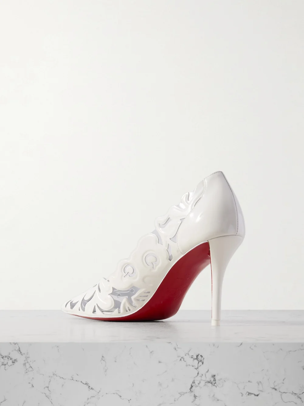 Back view of the Christian Louboutin Apostropha Petunia 80 Leather and Pvc Pumps