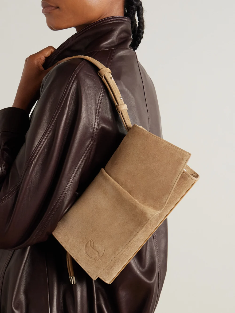 Christian Louboutin Baggy Small Logo-debossed Suede Shoulder Bag, styled view