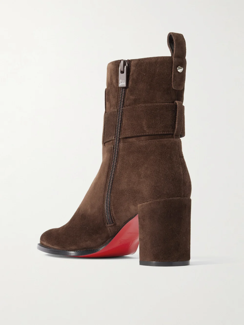 Back view of the Christian Louboutin Booty Lock 70 Embellished Suede Ankle Boots