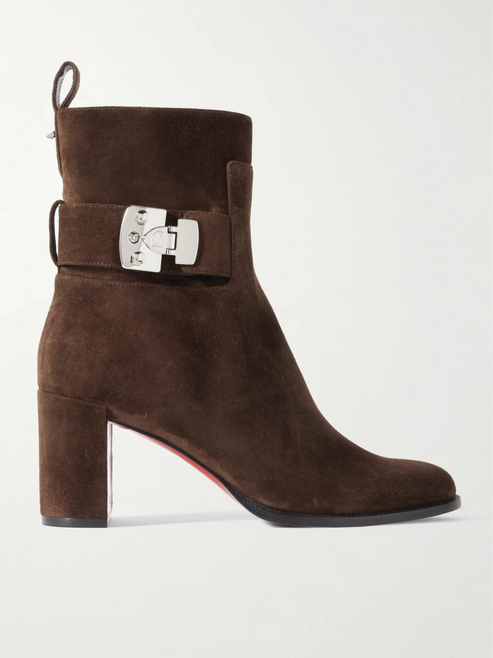 Christian Louboutin Booty Lock 70 Embellished Suede Ankle Boots in dark brown